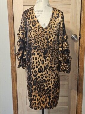 Everly Leopard Print V-Neck Ruffle Sleeve Dress - Brown & Black